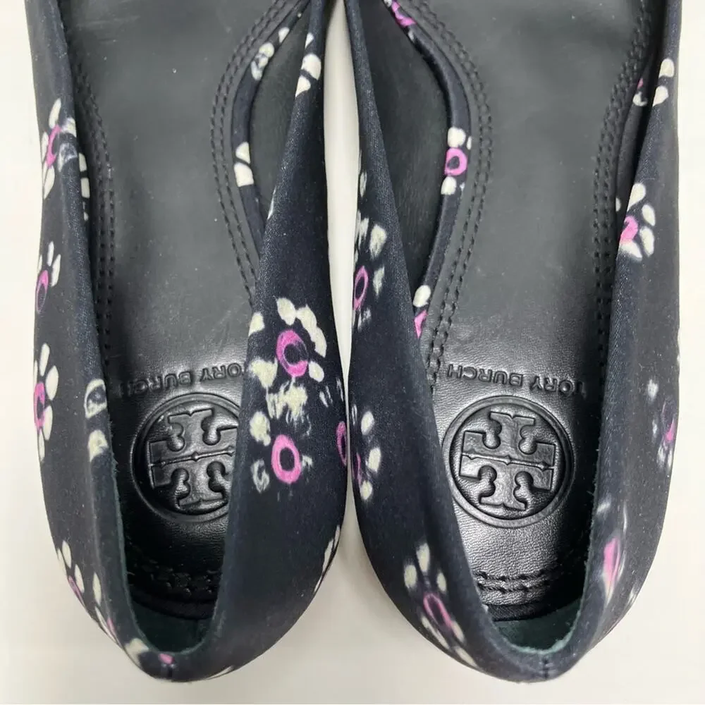 Tory‎ Burch Rosalind Black Floral Print Satin Ballet Flats size 5 slip on work